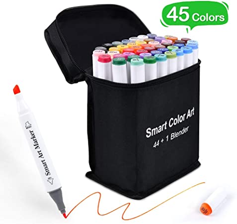 Art Markers, 44 Coloring Markers and 1 Blender, 45 Pack Alcohol Based Dual Tip Permanent Markers Highlighters with Case, Excellent for Adults Kids Marking Drawing Sketching by Smart Color Art