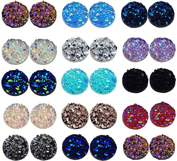 GraceAngie 300pcs 8mm Flat Back Resin Cabochons Druzy Iridescent Colorful Cabochons Flat Round Sparkly Glitter for Setting Bezel Tray Pendant Charms