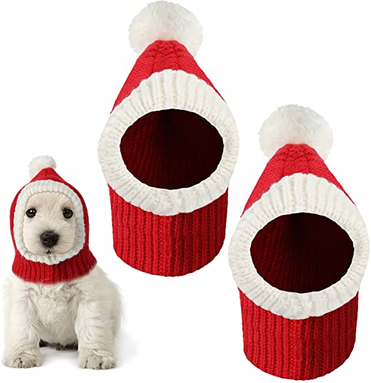 2 Pieces Dog Christmas Hat Dog Winter Costume Cat Hat Crocheted Snood with Pompom Neck Ear Protector Dog Warm Santa Knit Hat Headwear Protector for Pets Puppy