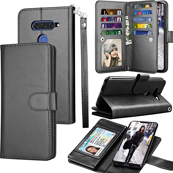 Tekcoo LG V40 Case, LG V40 ThinQ Wallet Case, LG V40 Carrying Case, Luxury ID Cash Credit Card Slots Holder PU Leather Folio Flip Cover Cases [Detachable Magnetic Hard Case] Kickstand - Black