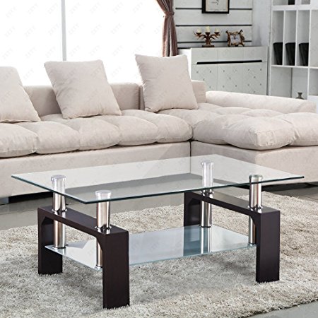 VIRREA Rectangular Glass Coffee Table Shelf Wood Living Room Furniture Chrome Base Walnut