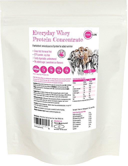 PINK SUN Everyday Whey 420g - Grass Fed Hormone Free Whey Protein Concentrate Powder (82% protein) Vegetarian Undenatured Unflavoured Soy Free Gluten Free Unsweetened