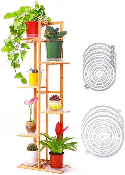 Ohuhu 6 Tier 7 Shelf Rack Bamboo Plant Stand with 7 Plant Saucers, Indoor Outdoor Tall Tiered Plants Stands with 6" & 8" Saucer, Multiple Flower Pots Holder for Yard Patio Garden Balcony Rooms Corner