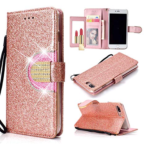 UEEBAI Wallet Flip Case for iPhone 7 Plus, Glitter PU Leather Cover with Mirror [Diamond Buckle] [Card Slots] [Magnetic Clasp] Stand Function Gems Soft TPU Case for iPhone 7 Plus/8 Plus - Rose Gold#2