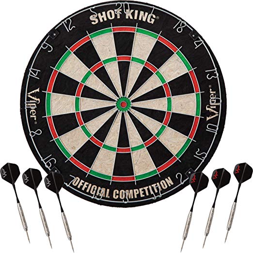 Viper Shot King Regulation Bristle Steel Tip Dartboard Set with Staple-Free Bullseye, Galvanized Metal Radial Spider Wire; High-Grade Compressed Sisal Board with Rotating Number Ring for Extending Life, Includes 6 Steel Tip Darts
