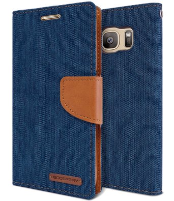 S7 EDGE Case, [Wallet Case] for Samsung Galaxy S7 EDGE, MERCURY® Canvas Diary [ID Credit Card Slots] [Cash Pocket] Woven   PU Leather [Drop Protection] Flip Media Stand Cover - Navy / Camel