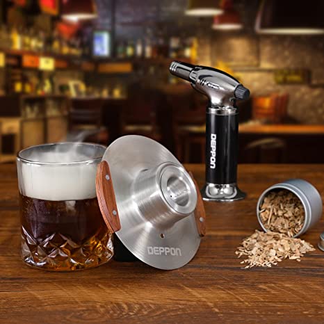 Cocktail Smoker Kit with Torch, Deppon Stainless Steel Smoker Top with 4 Kind of Wood Chips for Whisky and Bourbon, Old Fashioned Drink Smoker Kit for Home Bar Gift for Men, Dad, Husband (No Butane)