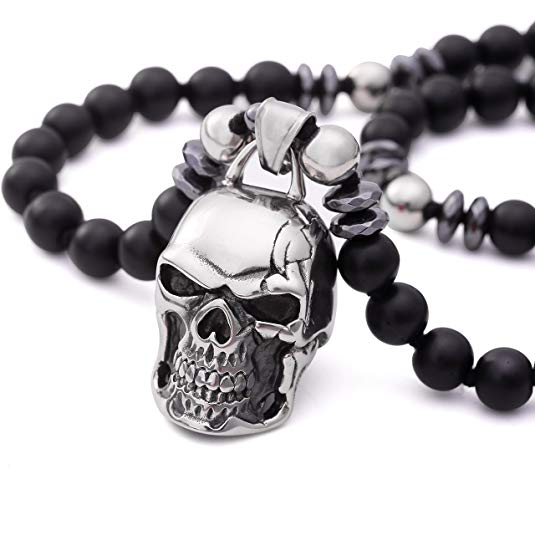PEARLADA Black Onyx Skull Pendant Necklace Stainless Steel Handmade Gemstone Gothic Hematite Beads Jewelry for Men