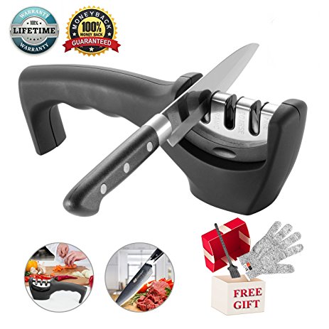 Knife Sharpener- Professional Kitchen Knife Sharpener 3 Stage Steel Diamond Ceramic Coated Kitchen Sharpening Tool with Cut Resistant Glove - Non-slip Base Chef Knife Sharpening Kit Easy to Control