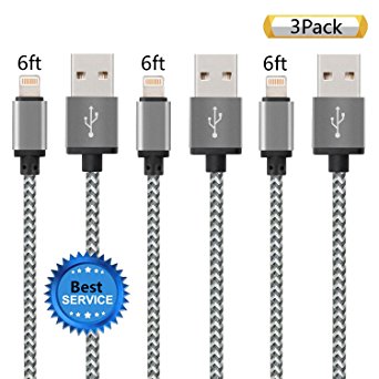 iPhone Cable SGIN, 3Pack 6FT Nylon Braided Cord Lightning Cable Certified to USB Charging Charger for iPhone 7,7 Plus,6S,6,SE,5S,5,iPad,iPod Nano 7 - Grey White