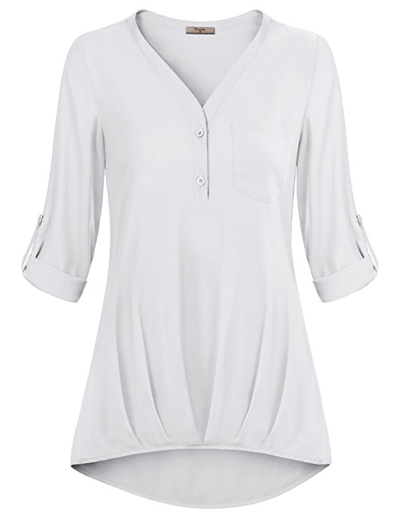 Cestyle Women's Cuffed Sleeve Casual Drape Chiffon Roll-Tab Shirt