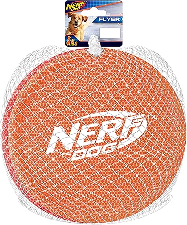 Nerf Dog Nylon Flyer Dog Toy, Flying Disc, Lightweight, Durable and Water Resistant, Great for Beach and Pool, 9 inch Diameter, for Medium/Large Breeds, Two Pack, Orange and Red (8959)