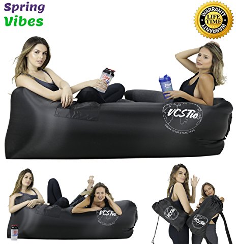 VCSTio Black Inflatable Lounger Blow Up Air Couch Pool Floating Sofa EasyTo Inflate.NO Air Leaks Chair, Perfect For Outdoors,Camping,Festivals,With Portable Carry Bag,Bottle Opener And Securing Stake.