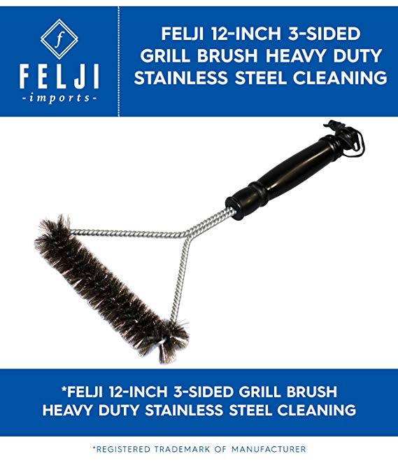 Felji 12" 3-Sided Grill Brush Heavy Duty Stainless Steel Cleaning Wire Grill Brush - Heavy Duty Stainless Steel BBQ Grill Brush