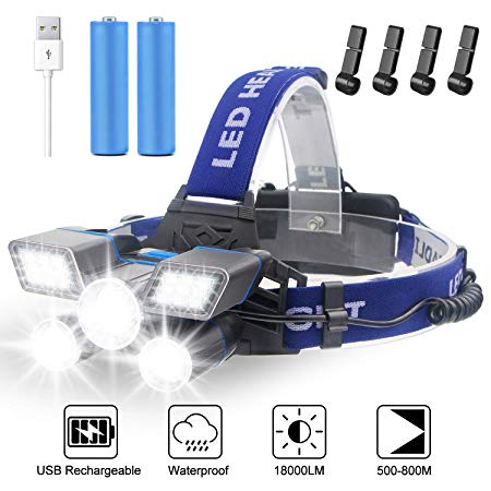 Headlamp Rechargeable, 18000 Lumens【21 LED】9 Modes Work Headlight Headlamp Flashlight with Red Strobe Light, USB Rechargeable Waterproof, with Clip for Outdoor Camping, Cycling Hunting