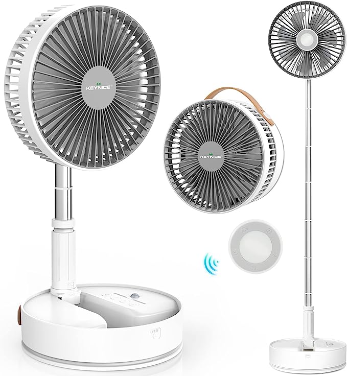 KEYNICE Portable Standing Fan with Remote Control, 7200mAh Battery Operated Foldable Pedestal Fan, 8 Inch Floor Fan, Height Adjustable, 4 Timer Setting, 4 Speeds 60°Oscillating Desk Fan for Bedroom
