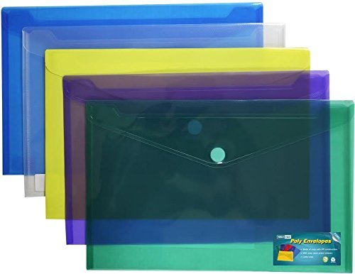 Premium Poly Envelope with Velcro Closure, Legal Size-5pc Mix Colors Set-translucent, Water/tear Resistant