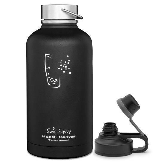 Swig Savvy's Bottles Stainless Steel Insulated Water Bottle and Beer Growler wide Mouth 64 oz Capacity Double Wall Design for Hot and Cold Beverages Includes 2 Interchangeable Caps