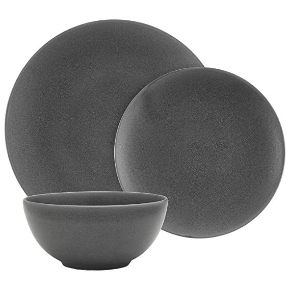 Rivet 18-Piece Stoneware Plates and Bowls Dinnerware Set, Service for 6, Black Sand Matte Glaze