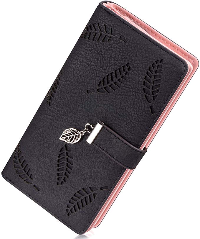 Women's Wallet, RFID Blocking Scrub Leather Multi Card Holder Purse Zipper Elegant Clutch Wallet Ladies Coin Purse (Black)
