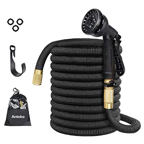 Expandable Garden Hose, Anteko 50ft Strongest Expandable Water Hose, 8 Functions Sprayer With Double Latex Core, 3/4" Solid Brass Fittings, Extra Strength Fabric - IMPROVED Expanding Hose