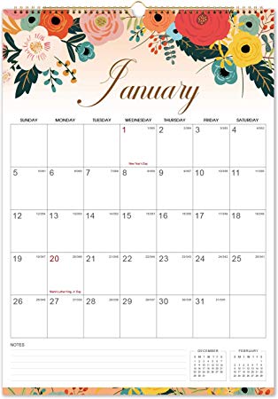 2020 Calendar - Monthly Wall Calendar with Thick Paper, 12" x 16.6", Twin-Wire Binding with Hanging Hook, January 2020 - December 2020 with Julian Date - Floral
