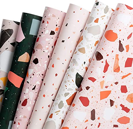 WRAPAHOLIC Wrapping Paper Sheet - Colorful Terrazzo Pattern for Birthday, Holiday, Party, Baby Shower - 1 Roll Contains 6 Sheets - 17.5 inch X 39.3 inch Per Sheet