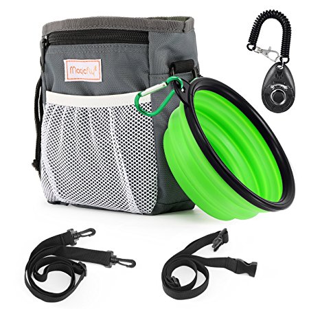 Magicfly Dog Traning Bag Pouch with Collapsible Travel Pet Bowel & Dog Clicker, Adjustable Belt With Dog Treat Pouch Built-In Poop Bag Dispenser 3 Ways To Wear – Grey