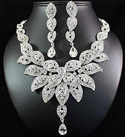 Janefashions Large Floral Austrian Rhinestone Crystal Bib Necklace Earrings Set Wedding N1581 Silver
