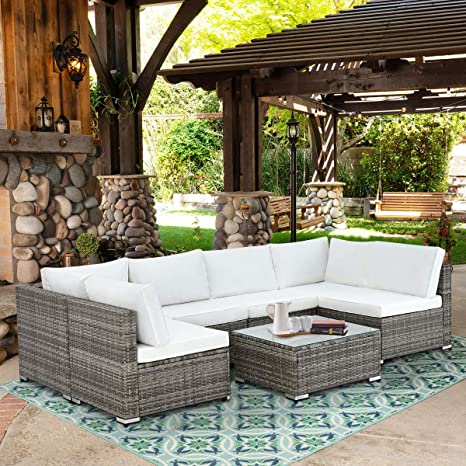 U-MAX 7 Piece Outdoor Patio Furniture Set, Gray PE Rattan Wicker Sofa Set, Outdoor Sectional Furniture Chair Set with White Cushions and Tea Table, White