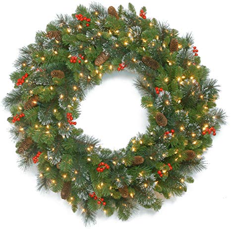 National Tree 30 Inch Crestwood Spruce Wreath with Silver Bristles, Cones, Red Berries and 70 Battery Operated Warm White LED Lights with Timer (CW7-306-30WBC1)