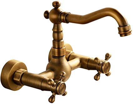 European Stylish Vintage Wall Mounted Kitchen & Bathroom Faucet with Double Cross Handle, Antique Brass Ys65960