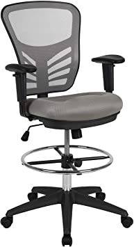 Flash Furniture Mid-Back Light Gray Mesh Ergonomic Drafting Chair with Adjustable Chrome Foot Ring, Adjustable Arms and Black Frame