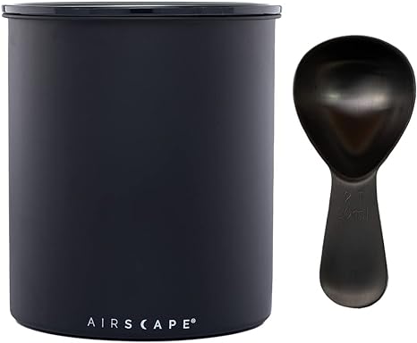 Airscape Kilo Coffee Storage Canister & Scoop Bundle - Large Food Container - Patented Airtight Lid 2-Way Valve Preserve Food Freshness, 2.2 lb Dry Beans (Large Matte Black & Brushed Black Scoop)