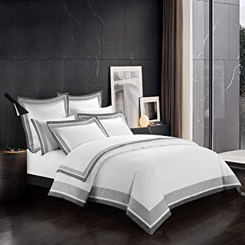 Casabolaj Shading 3 Pieces Duvet Cover Set 100% Egyptian Cotton Sateen Luxury 400 Thread Count-Classic and Contemporary Frame Patchwork Button Closure and Corner Ties-White/Silver/Grey (King)