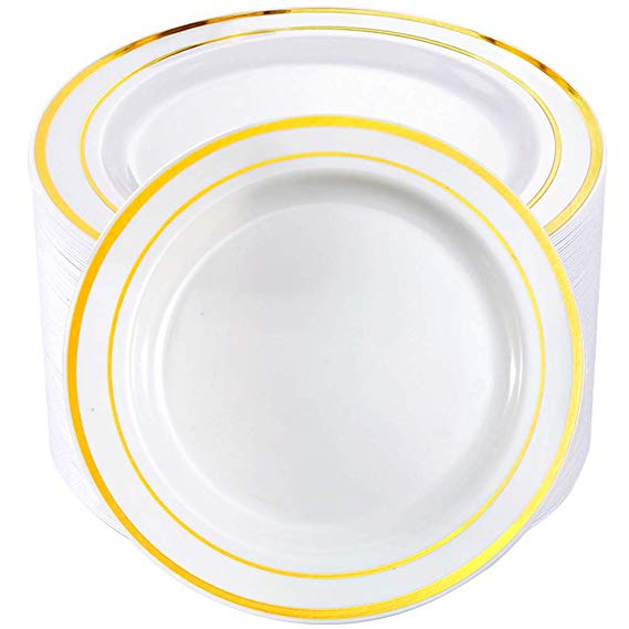 BUCLA 100Pieces Gold Plastic Plates-10.25inch Gold Rim Disposable Dinner Plates-Ideal for Weddings& Parties