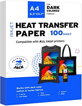 Printers Jack Iron-On Heat Transfer Paper for Dark Fabric 100 Pack 8.3"x11.7" T-Shirt Transfer Paper for Inkjet Printer Wash Durable, Long Lasting Transfer, No Cracking