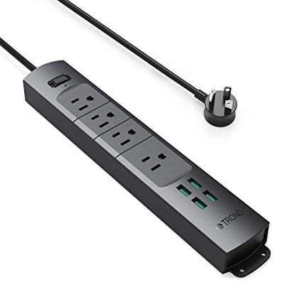 Power Strip with USB, TROND Wall Mountable Extension Cord 4 Outlets 4 USB Ports, 6.6ft Long Power Cord, Angled Flat Wall Plug, for Desk, Nightstand, End Table, Dresser, Workbench