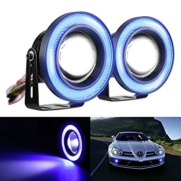 Mictuning 2pcs High Power 3.5" Projector Universal LED Fog Light w/ Blue COB Halo Angel Eye Rings