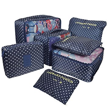 7 Set Packing Cubes Luggage Organizers Clothes Storage- 3 Mesh Bags  3 Pouches  1 Toiletry Bag- Round Dot Pattern (Navy Circle)