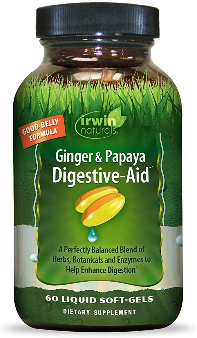 Irwin Naturals Ginger & Papaya Digestive-Aid Powerful Plant-Based Enzymes, Herbs & Botanicals - Helps Reduce Discomfort, Gas & Bloating with Bromelain, Dandelion & Marshmallow - 60 Liquid Softgels