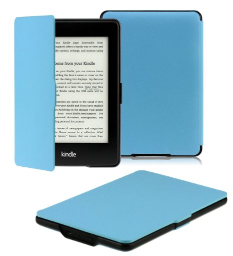 OMOTON® Kindle Paperwhite Case Cover -- The Thinnest and Lightest PU Leather Smart Cover for All-New Kindle Paperwhite (Fits All versions: 2012, 2013, 2014 and 2015 All-new 300 PPI Versions), Sky Blue