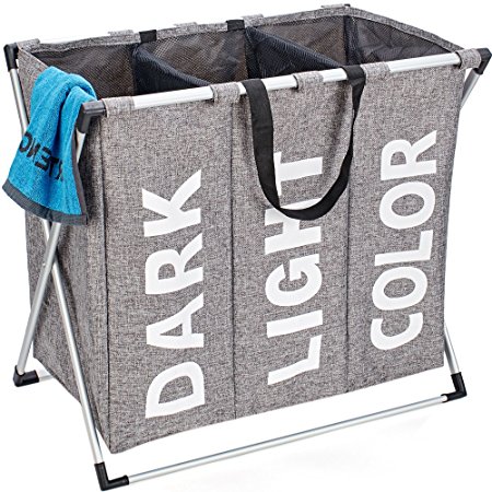HOMEST Extra Large 3 Sections Laundry Hamper Basket with Aluminum Frame Durable Dirty Clothes Bag for Bathroom Bedroom Home, Grey