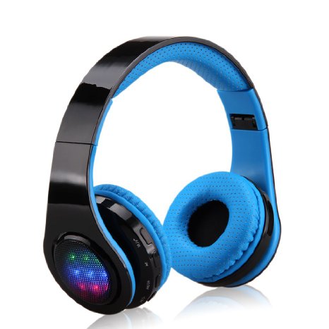 EXCELVAN Folding Wireless Bluetooth LED Stereo Headphones Classic Adjustable Headsets with Soft Earpads Earphones Earpieces (Blue)