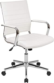 Flash Furniture Mid-Back White LeatherSoft Contemporary Ribbed Executive Swivel Office Chair, BIFMA Certified