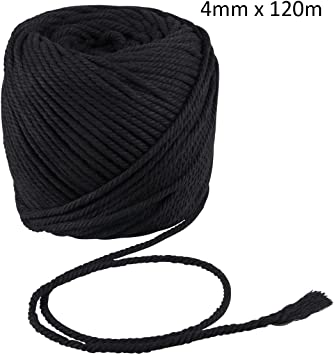 Macrame Cord Black 4mm X 120m String, Kisslife Handmade Decorations Natural Cotton Soft Unstained Rope for Crocheting Bohemia Dream Catcher DIY Craft Knitting Handmade Plant Hanger Wall Hanging
