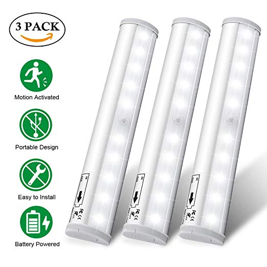 Cabinet Lights SOLMORE Motion Sensor Lights 3 Pack 10 LED Under Kitchen Lighting Indoor Battery Operated 6500K Closet Lights Wardrobe Light Bar Auto On/Off Strips Lights Night Light Portable Stick-On Wall Drawer Stairs Step (Pure White)