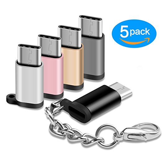 USB Type C Adapter 5 Pack, USB-C Male to Micro USB Female Connector with Keychain for Samsung Galaxy S8 S8  MacBook Pro LG G5 G6 V20 Nexus 5X 6P & More