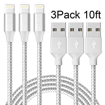 Lightning Cable,AOFU Charger Cables 3Pack 10FT to USB Syncing and Charging Cable Data Nylon Braided Cord Charger for iPhone X/8/8 Plus/7/7 Plus/6/6 Plus/6s/6s Plus/5/5s/5c/SE and more (Silver&White)