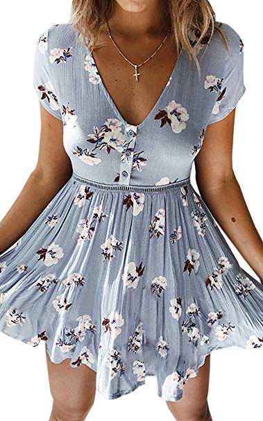 Angashion Women's Sexy V Neck Floral Print Swing Mini Dress Short Sleeves Summer Beach Dress